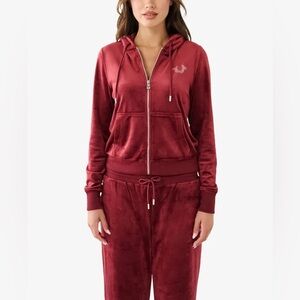 Womens True Religion Red Buddha Logo Velour Velvet Jogger Hoodie